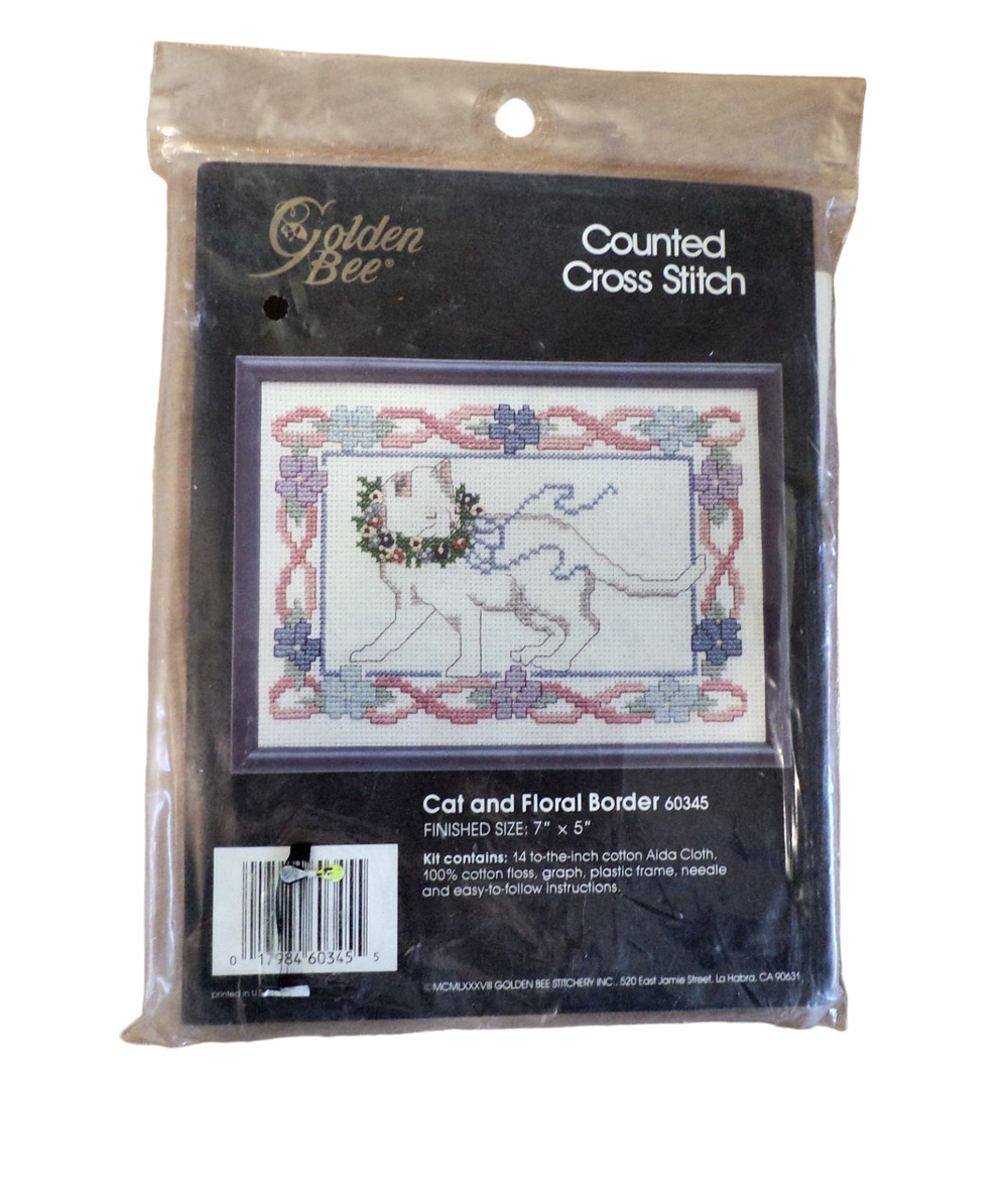 Golden Bee Cross Stitch Kit "Cat and Floral Border" 5" x 7" Size Vintage Sealed